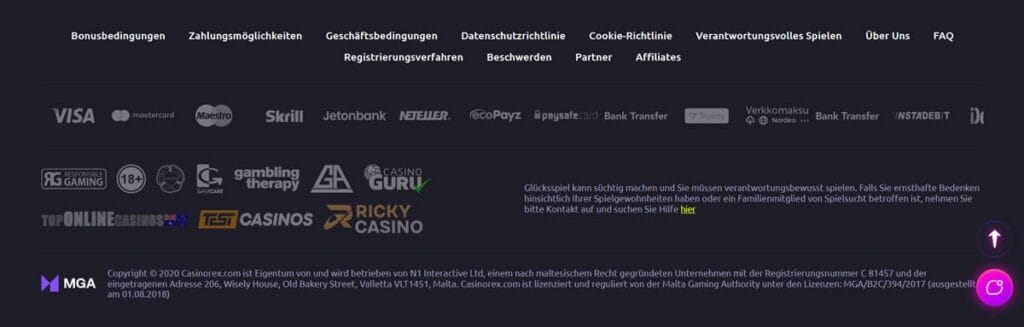 Fußzeile der offiziellen Website von CasinoRex